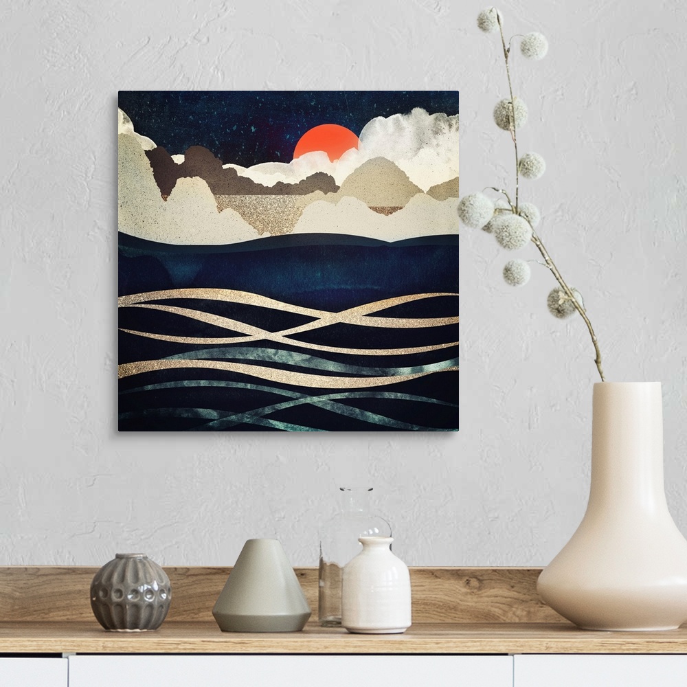 A farmhouse room featuring Abstract depiction of beach at midnight with hills, waves, gold, blue and orange.