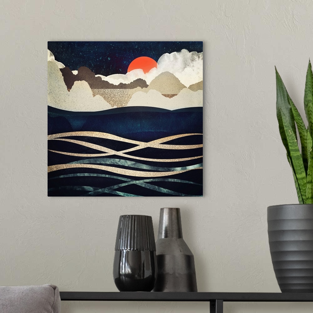 A modern room featuring Abstract depiction of beach at midnight with hills, waves, gold, blue and orange.