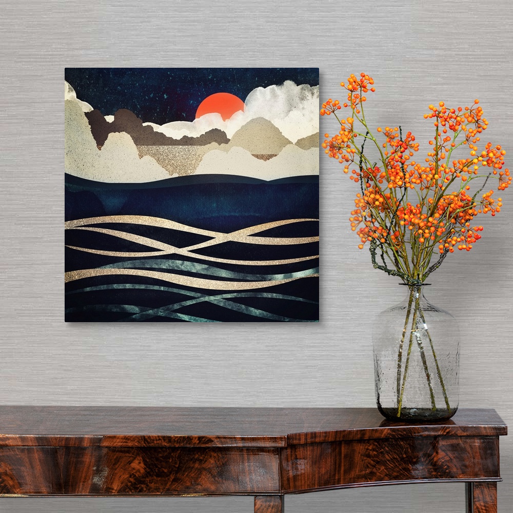 A traditional room featuring Abstract depiction of beach at midnight with hills, waves, gold, blue and orange.