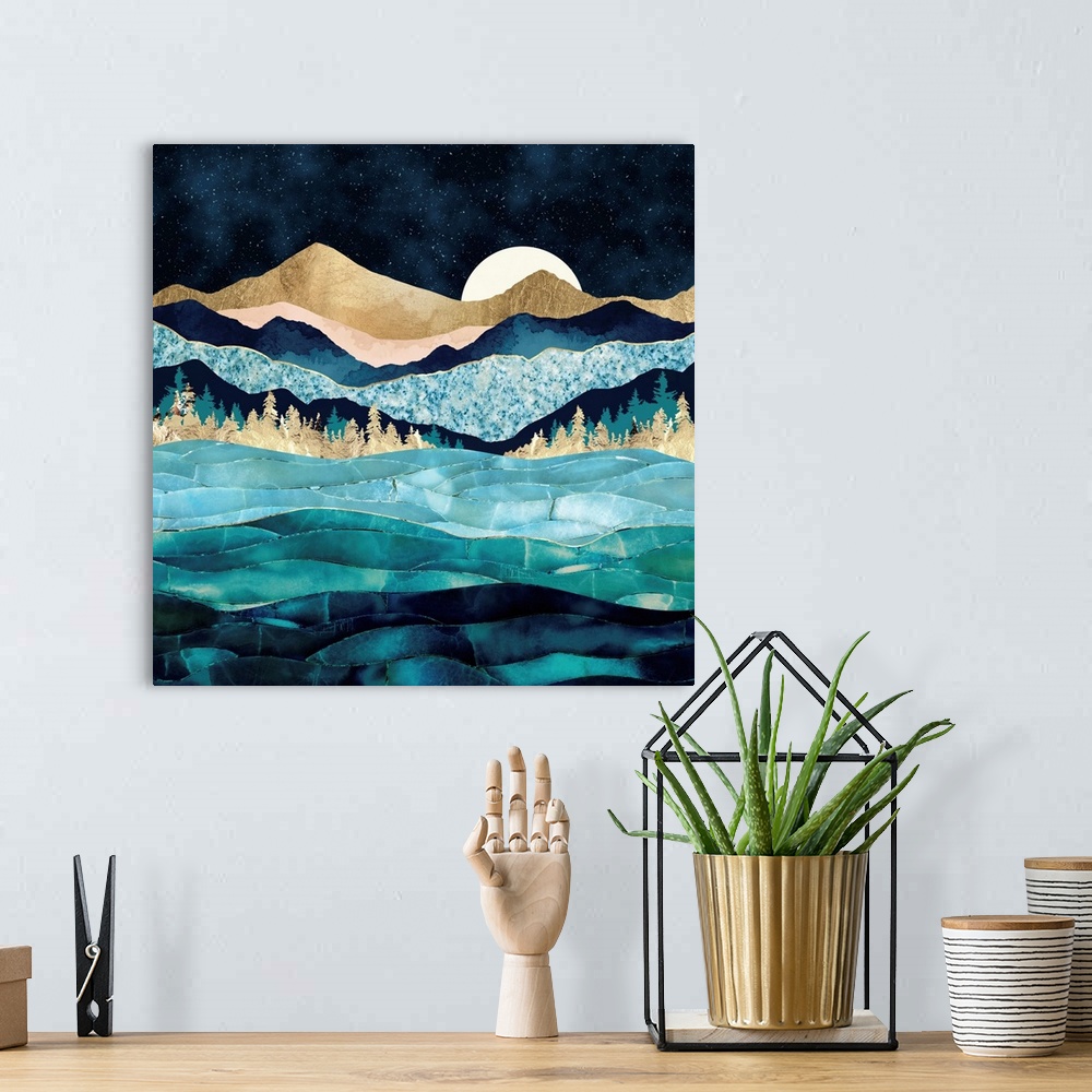 A bohemian room featuring Abstract evening landscape of rolling waves featurine water, mountains, trees, blue, gold and tex...
