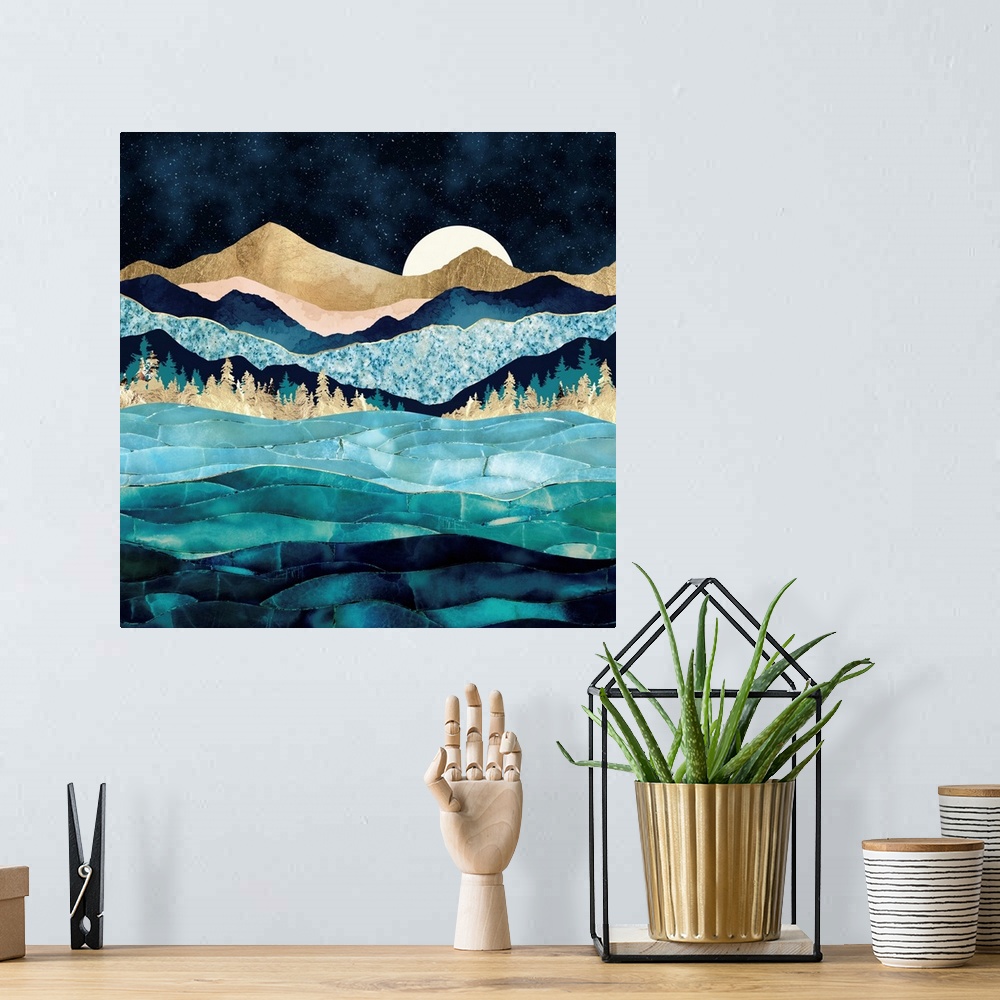 A bohemian room featuring Abstract evening landscape of rolling waves featurine water, mountains, trees, blue, gold and tex...