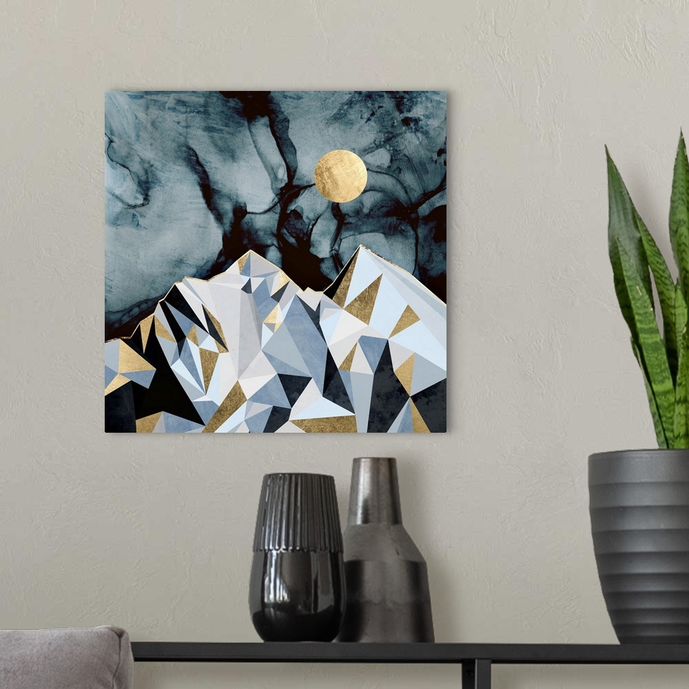 A modern room featuring Abstract depiction of mountain peaks at midnight with gold, grey and blue.