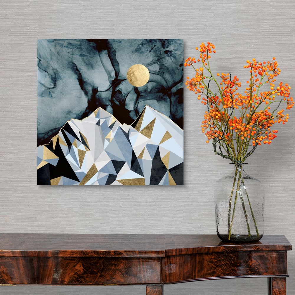 A traditional room featuring Abstract depiction of mountain peaks at midnight with gold, grey and blue.