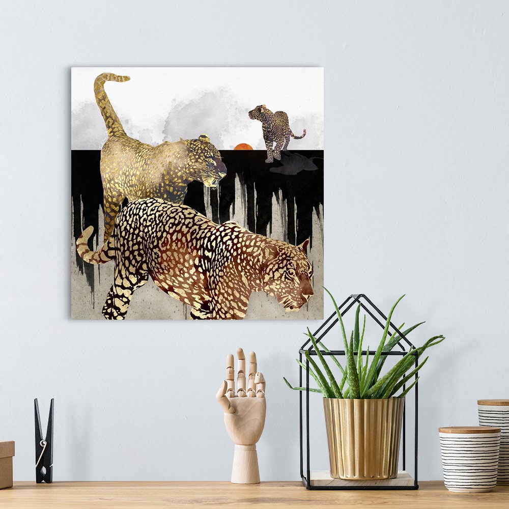 A bohemian room featuring Abstract depiction of leopards with gold, black, white and orange.