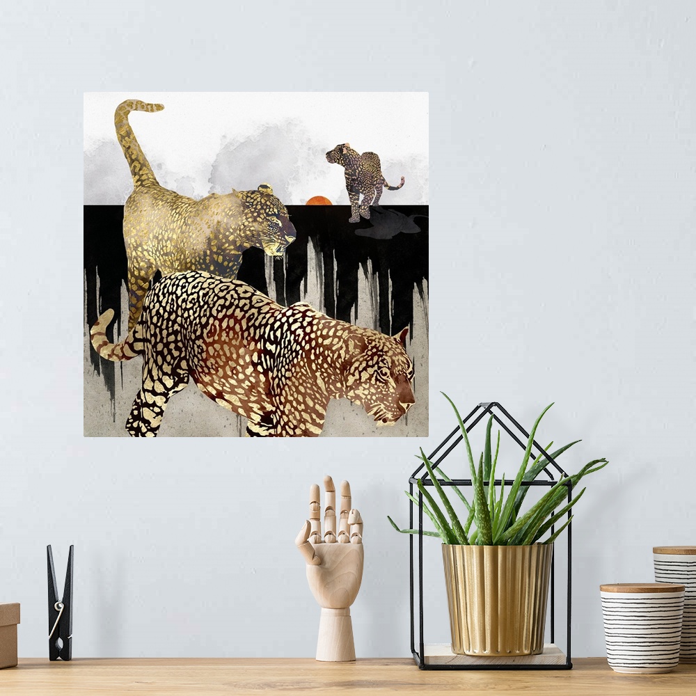 A bohemian room featuring Abstract depiction of leopards with gold, black, white and orange.