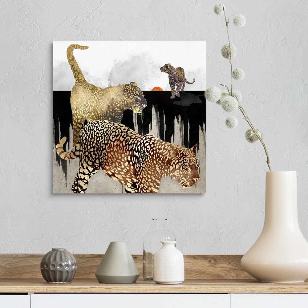 A farmhouse room featuring Abstract depiction of leopards with gold, black, white and orange.