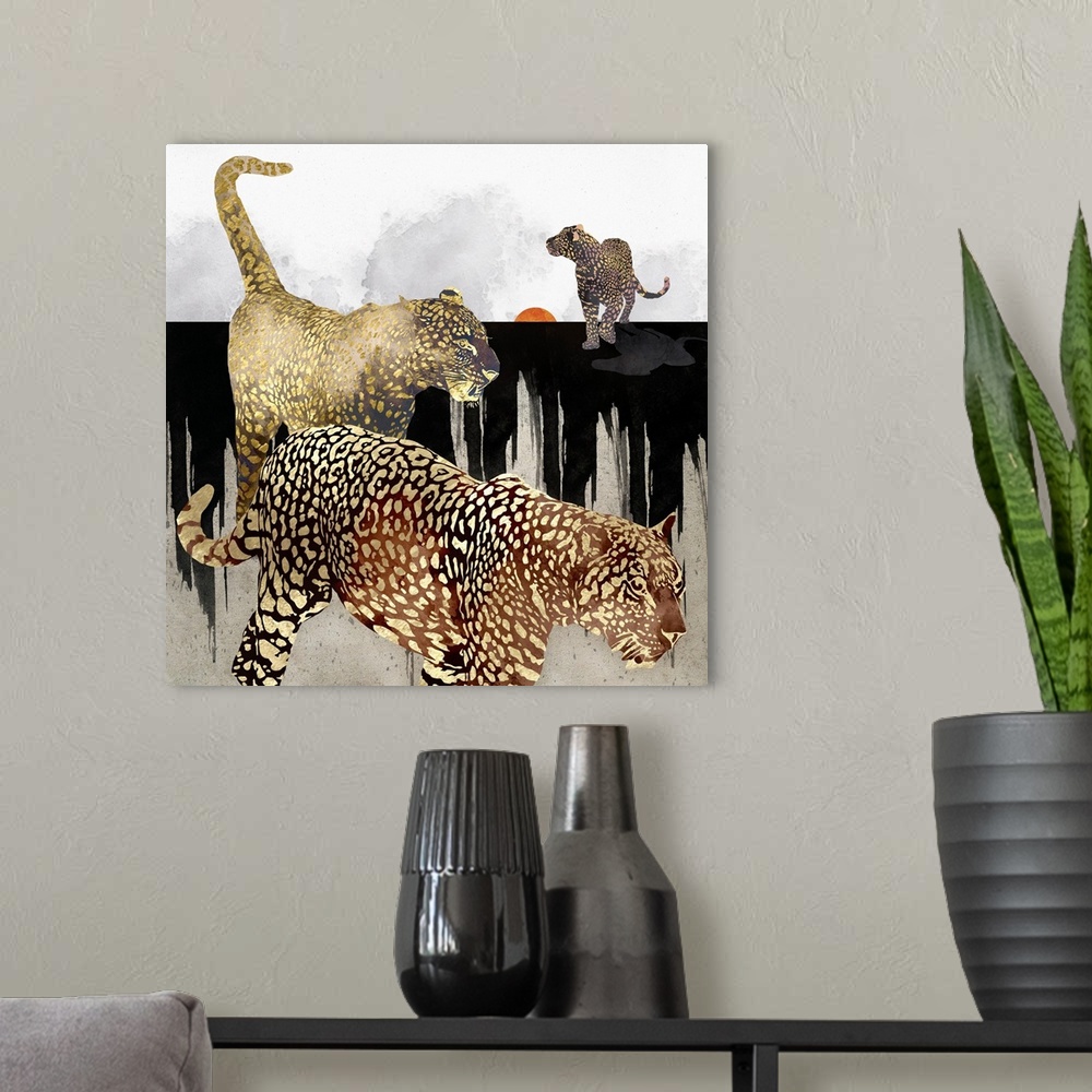 A modern room featuring Abstract depiction of leopards with gold, black, white and orange.