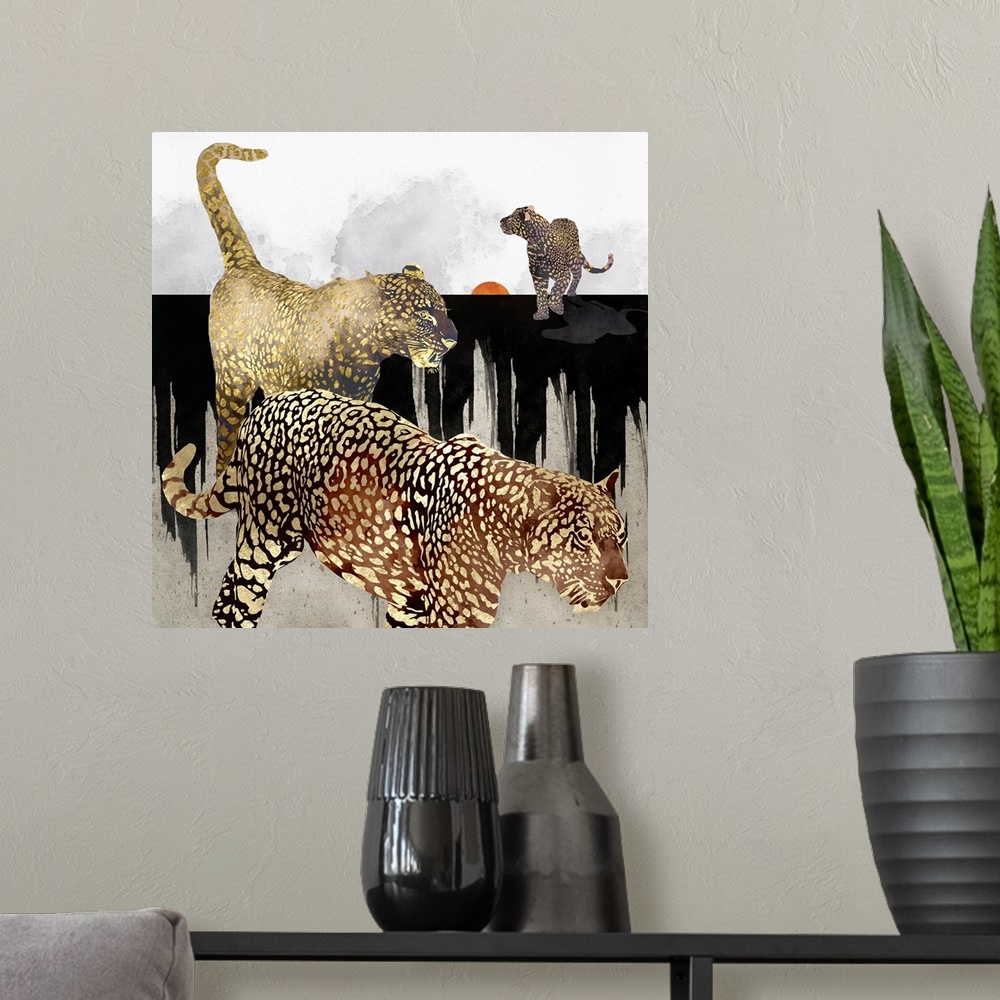 A modern room featuring Abstract depiction of leopards with gold, black, white and orange.