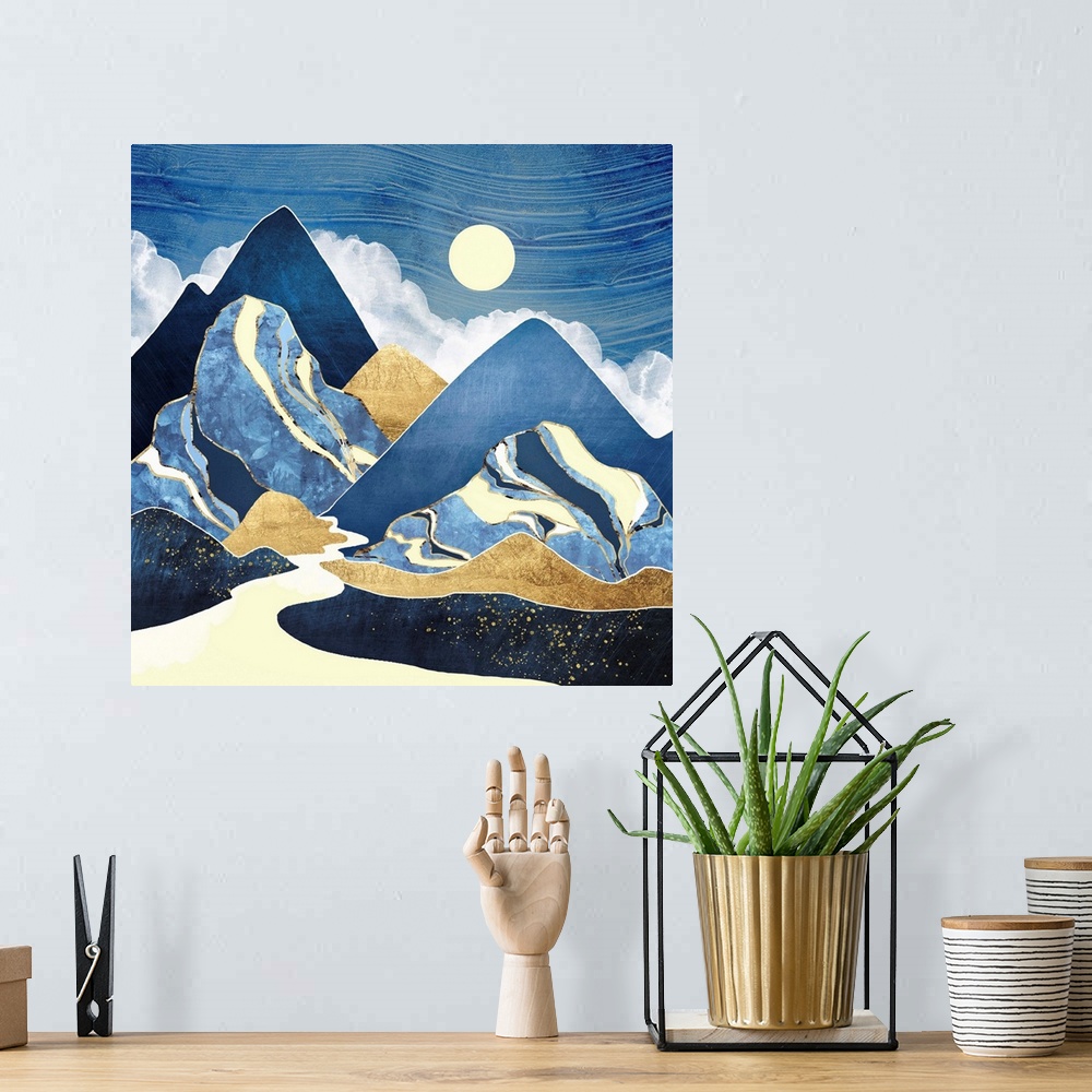 A bohemian room featuring Abstract landscape with mountains, river, moon, blue, gold and yellow.