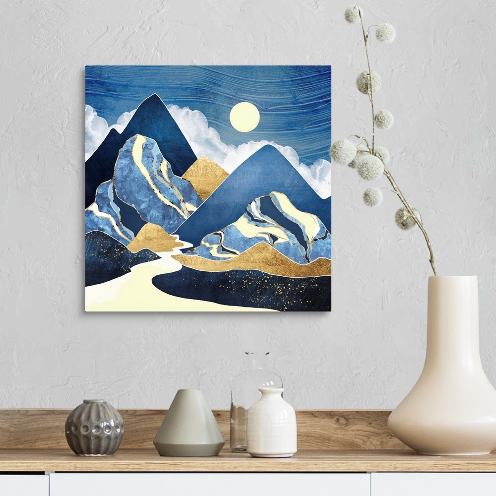 A farmhouse room featuring Abstract landscape with mountains, river, moon, blue, gold and yellow.