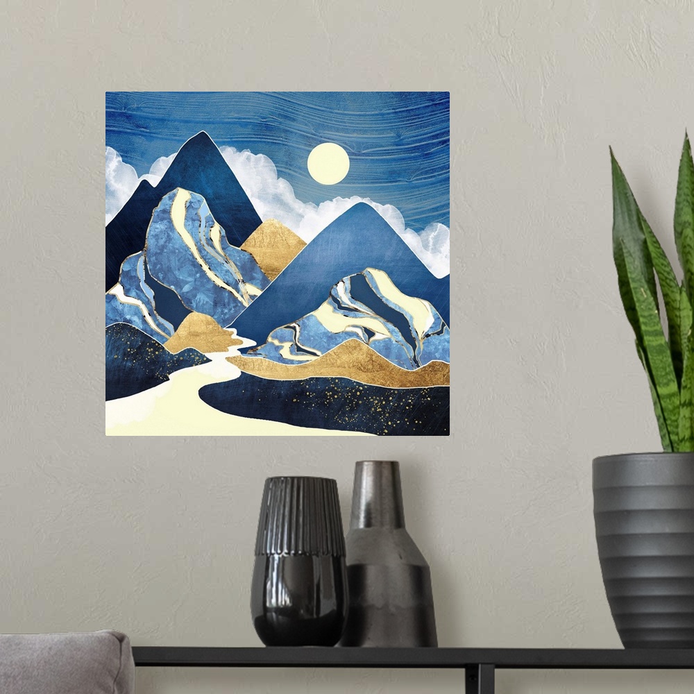 A modern room featuring Abstract landscape with mountains, river, moon, blue, gold and yellow.