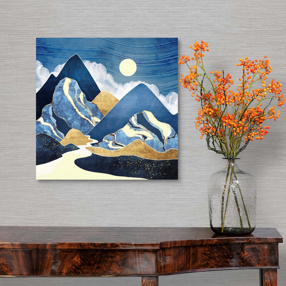 A traditional room featuring Abstract landscape with mountains, river, moon, blue, gold and yellow.