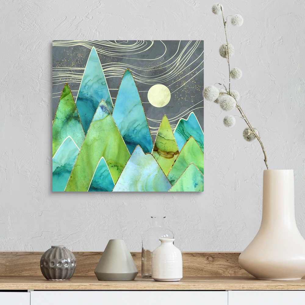 A farmhouse room featuring Abstract depiction of moonlit mountains with gold, teal, green, blue and grey.