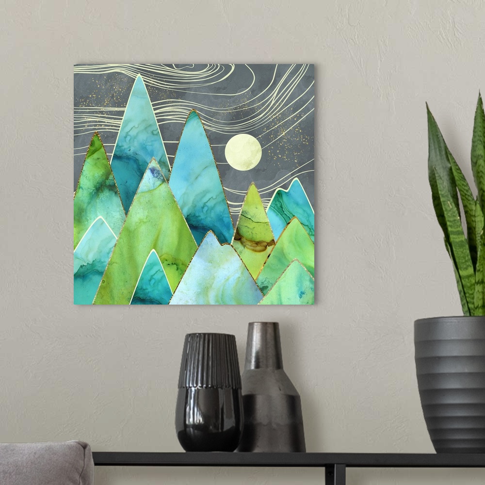 A modern room featuring Abstract depiction of moonlit mountains with gold, teal, green, blue and grey.