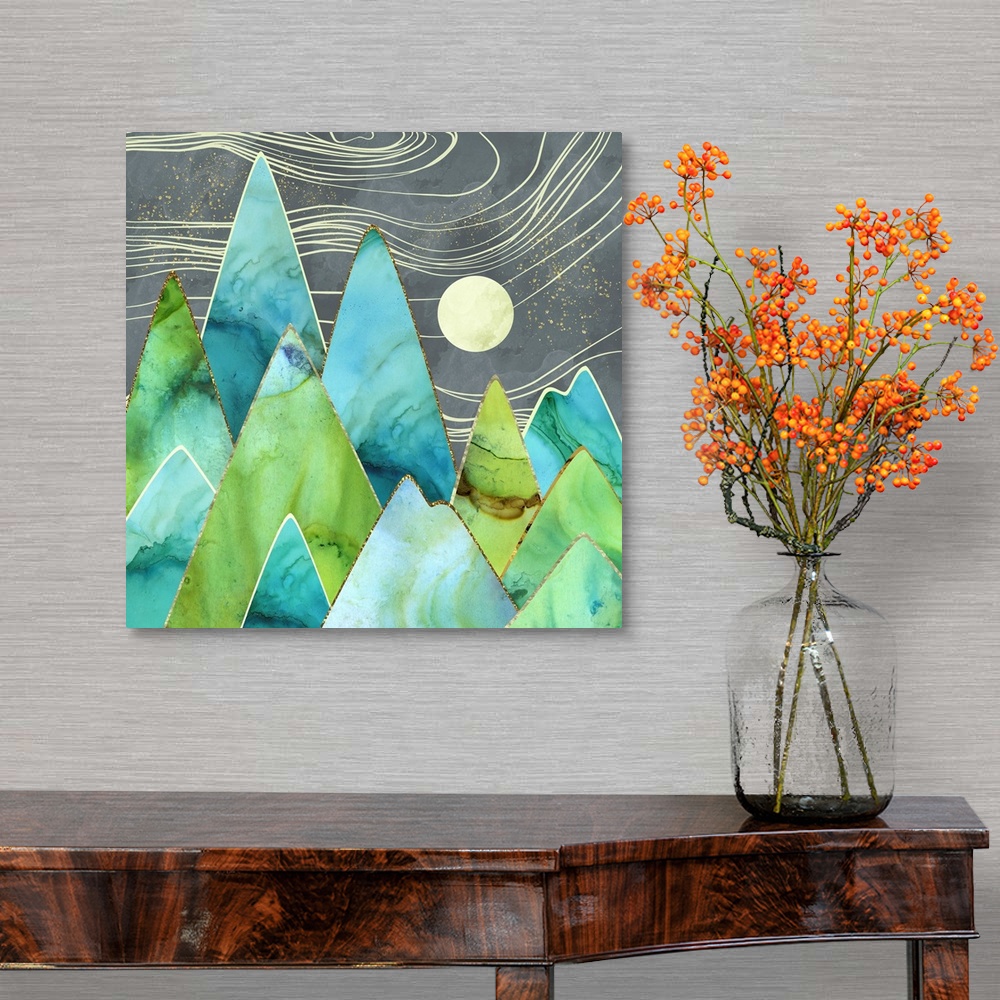 A traditional room featuring Abstract depiction of moonlit mountains with gold, teal, green, blue and grey.