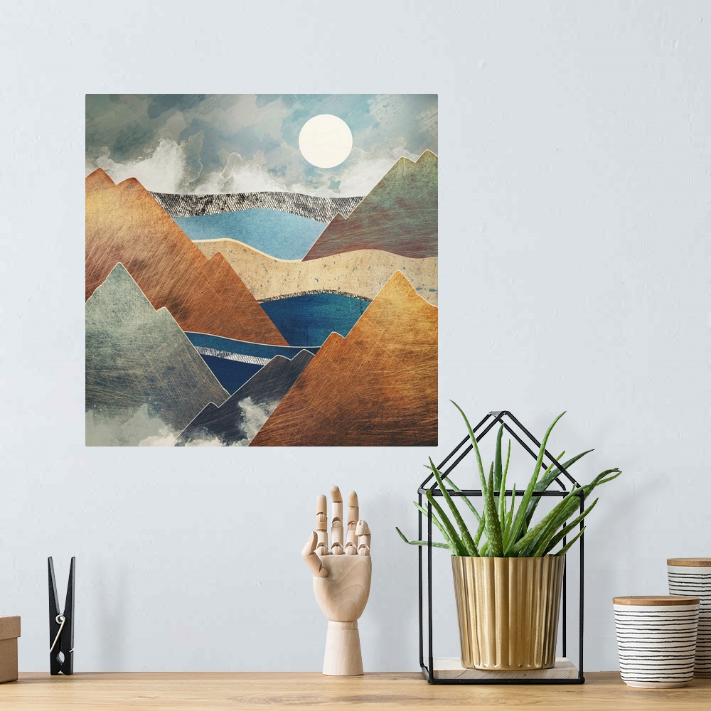 A bohemian room featuring Abstract depiction of a mountain pass with brown, texture, blue and brown.