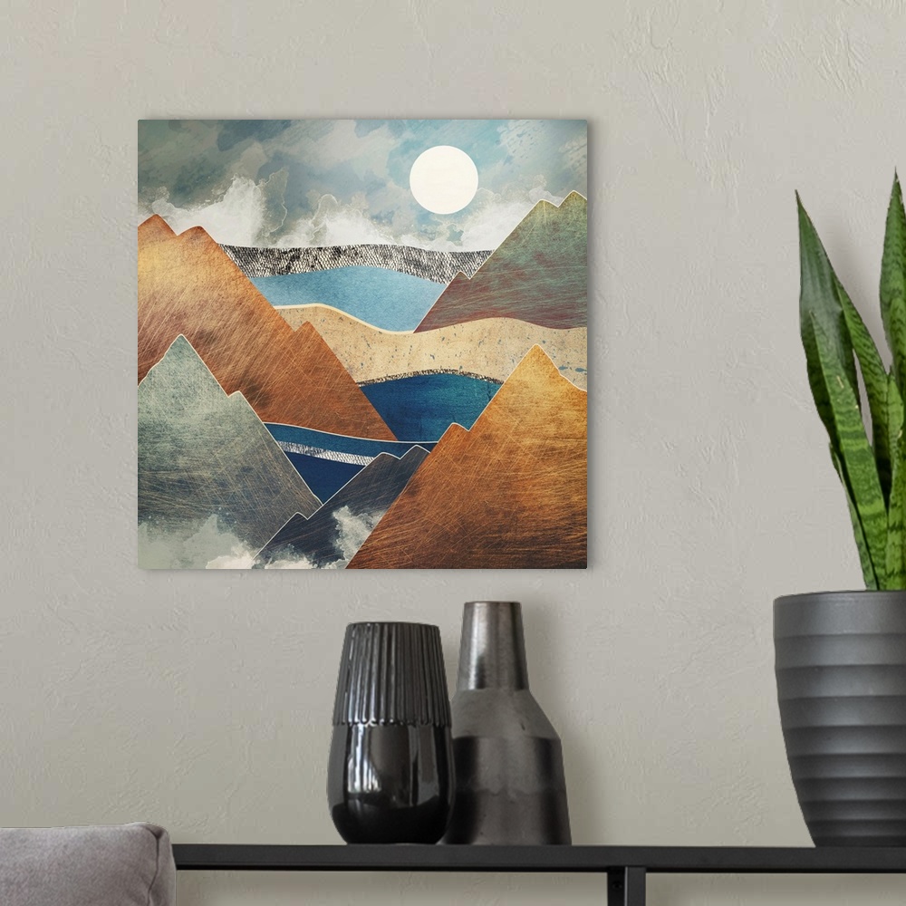 A modern room featuring Abstract depiction of a mountain pass with brown, texture, blue and brown.
