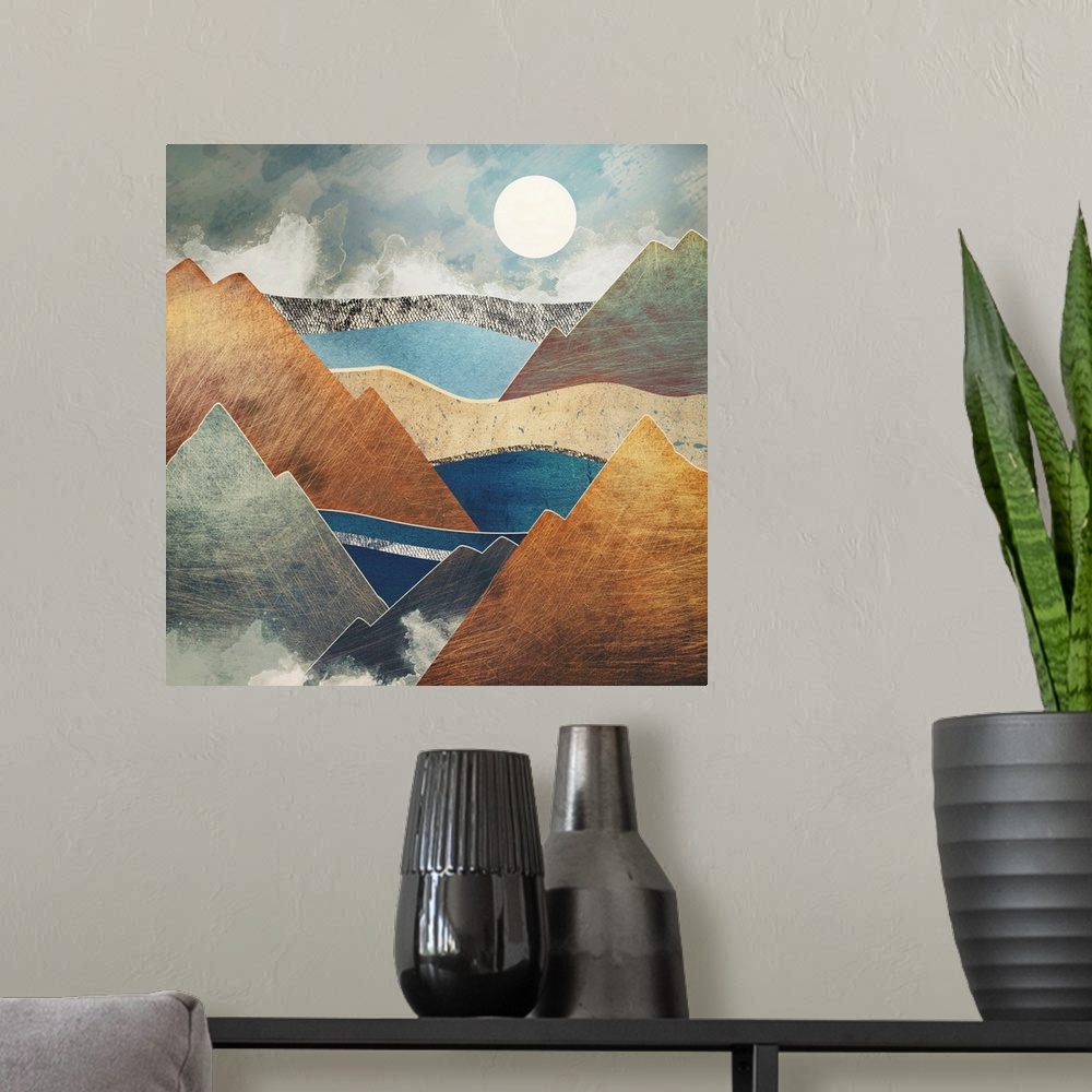 A modern room featuring Abstract depiction of a mountain pass with brown, texture, blue and brown.