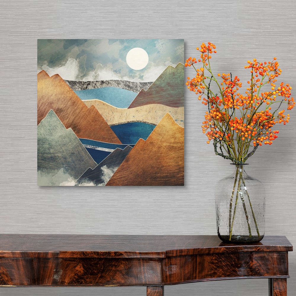 A traditional room featuring Abstract depiction of a mountain pass with brown, texture, blue and brown.