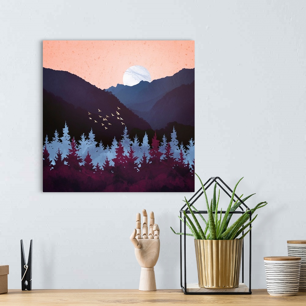 A bohemian room featuring Abstract landscape featuring a mulberry dusk with birds, mountains, mauve and pink.