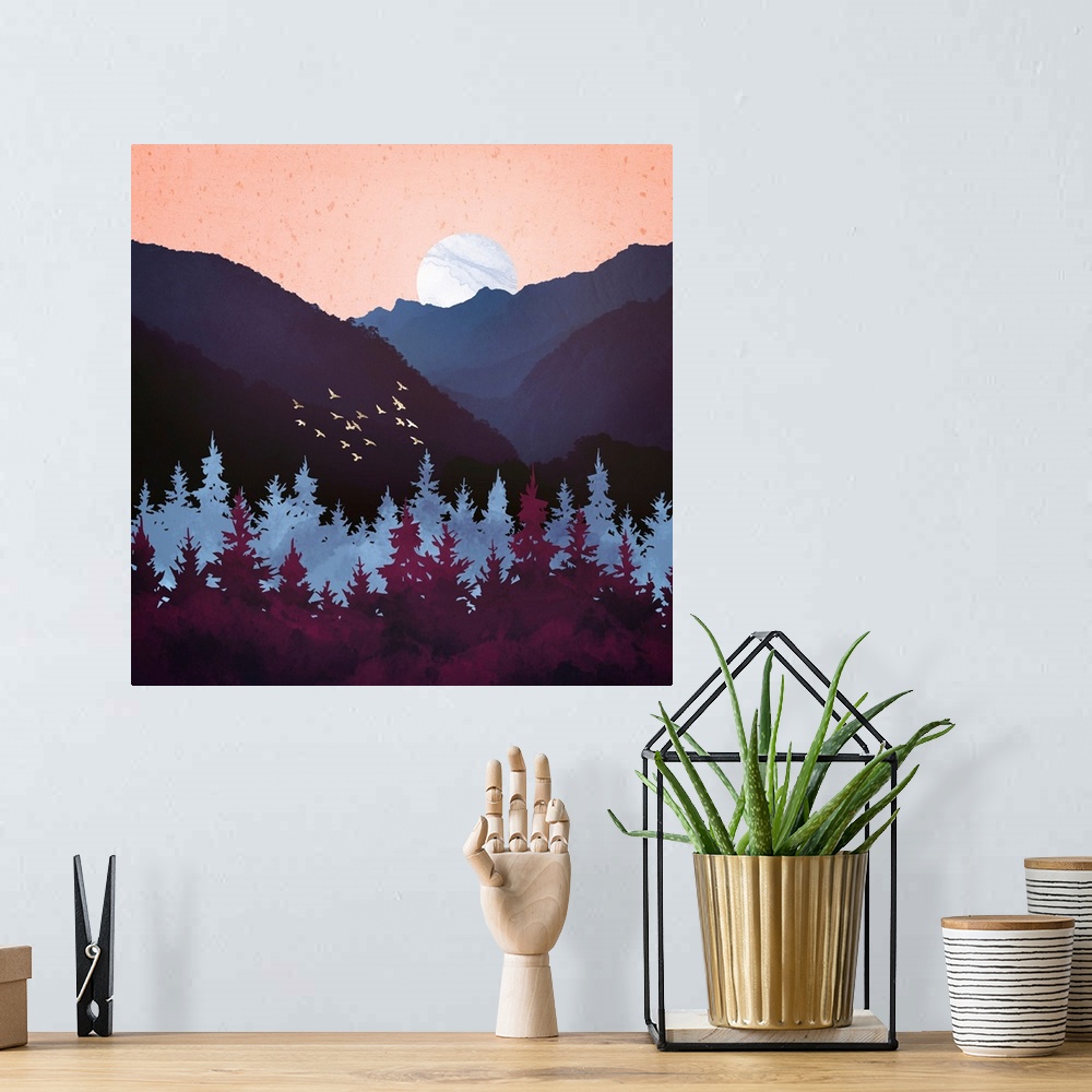 A bohemian room featuring Abstract landscape featuring a mulberry dusk with birds, mountains, mauve and pink.