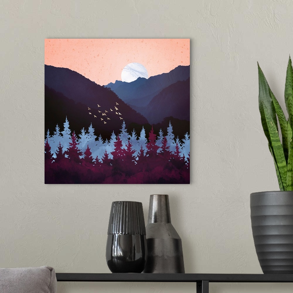 A modern room featuring Abstract landscape featuring a mulberry dusk with birds, mountains, mauve and pink.
