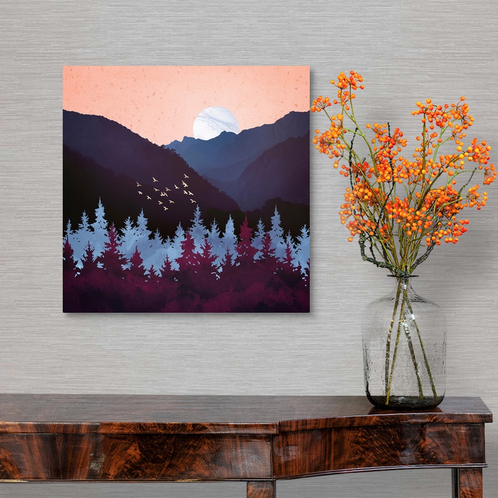 A traditional room featuring Abstract landscape featuring a mulberry dusk with birds, mountains, mauve and pink.