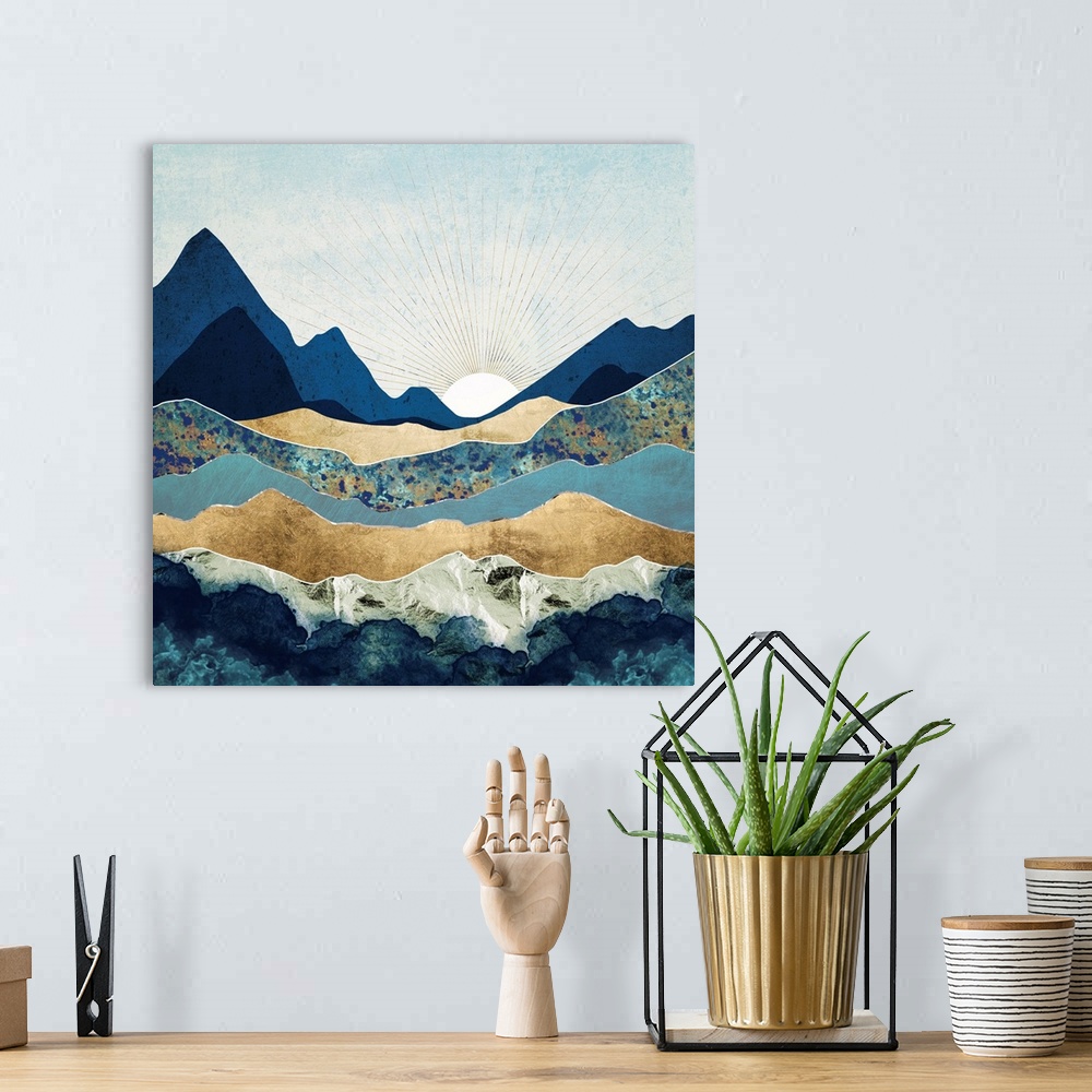 A bohemian room featuring Abstract landscape with mountains, blue, gold, sun and sky.