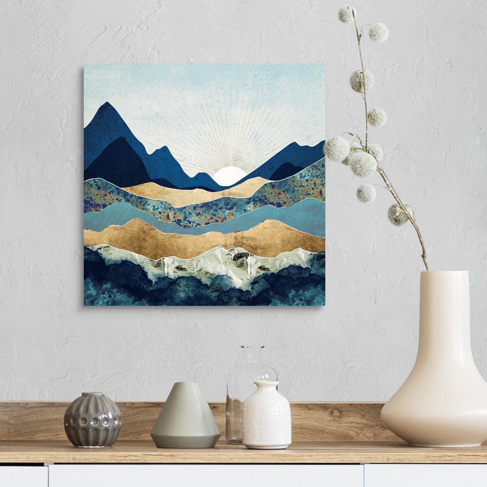 A farmhouse room featuring Abstract landscape with mountains, blue, gold, sun and sky.