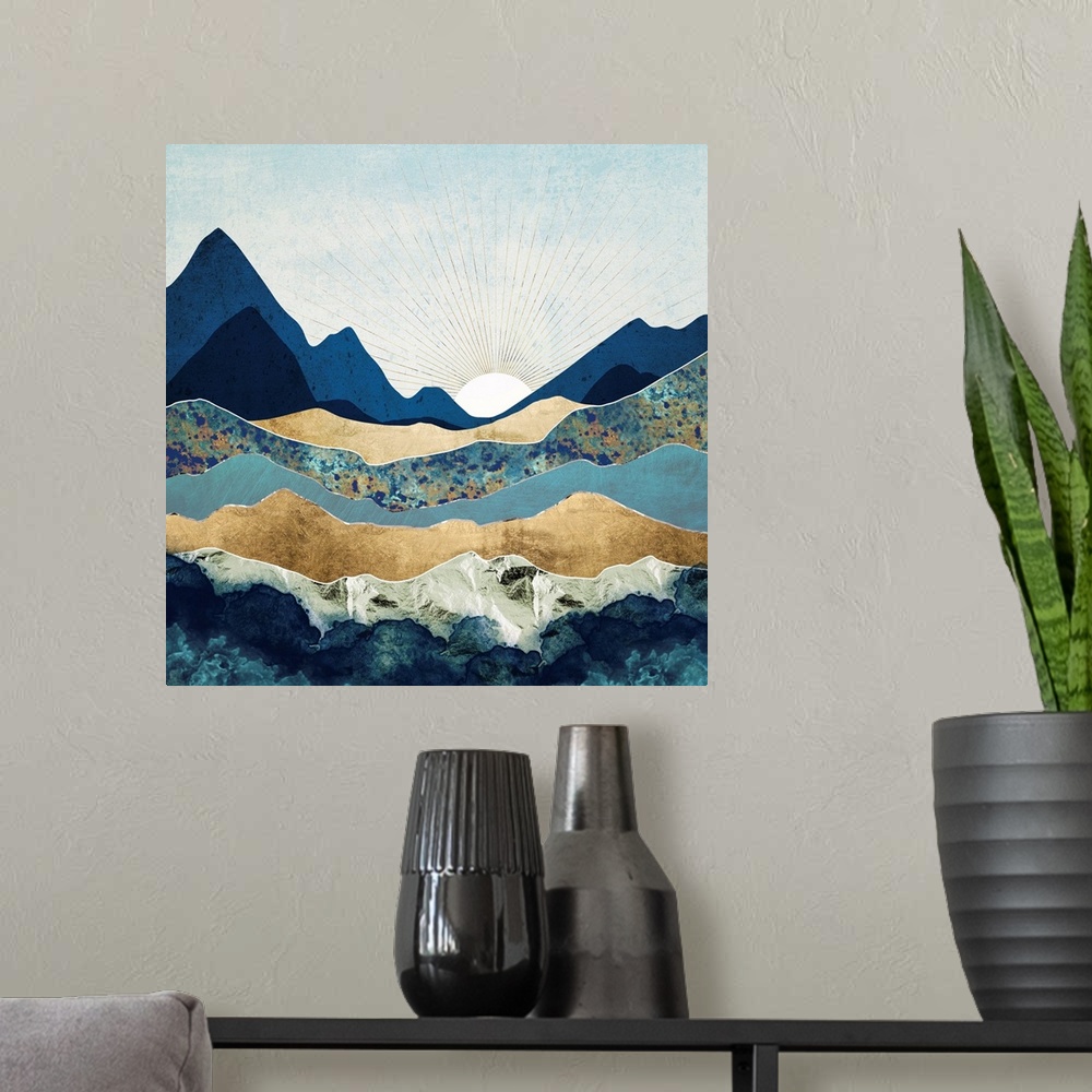 A modern room featuring Abstract landscape with mountains, blue, gold, sun and sky.