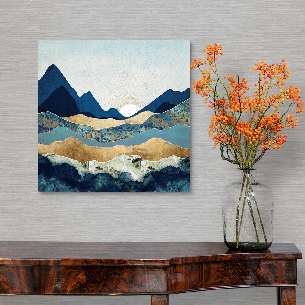 A traditional room featuring Abstract landscape with mountains, blue, gold, sun and sky.