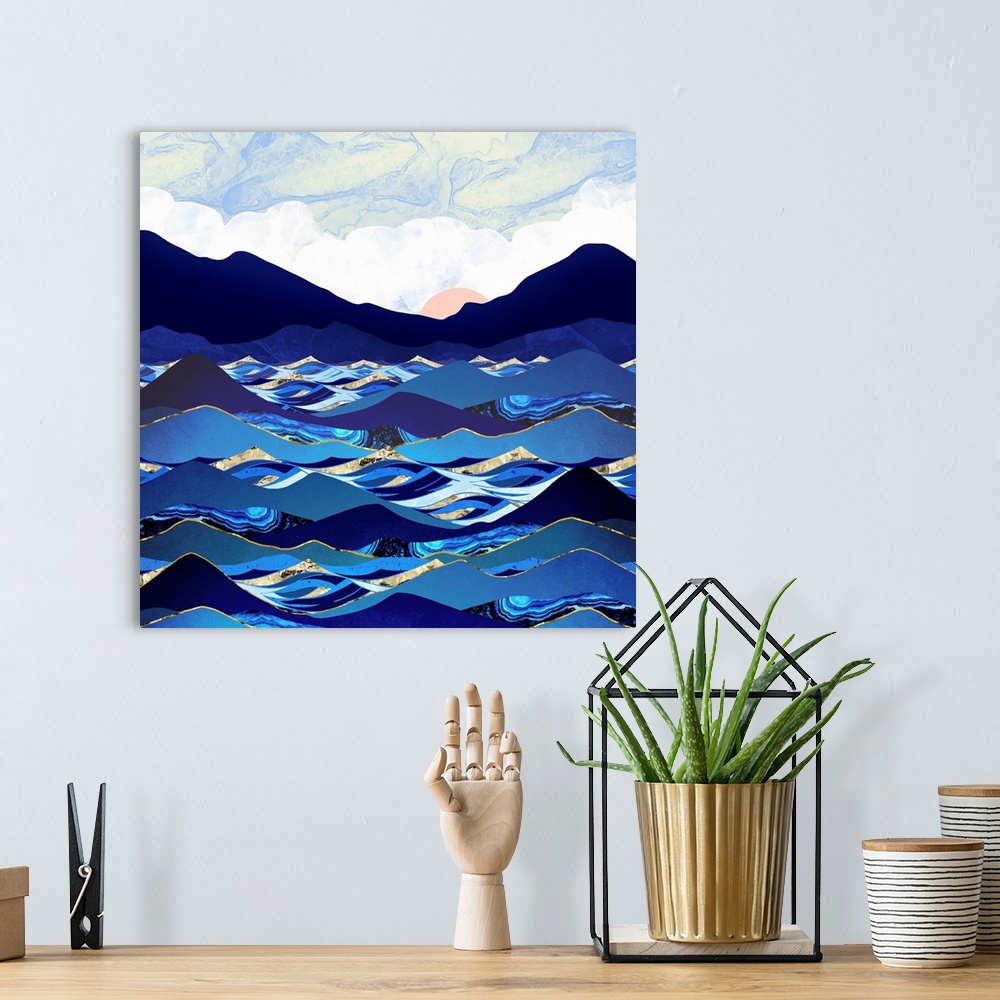 A bohemian room featuring Abstract depiction of the ocean with waves, cobalt, blue, gold and pink.