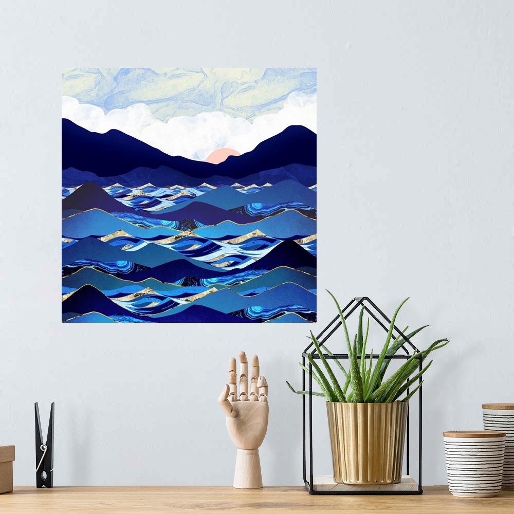 A bohemian room featuring Abstract depiction of the ocean with waves, cobalt, blue, gold and pink.