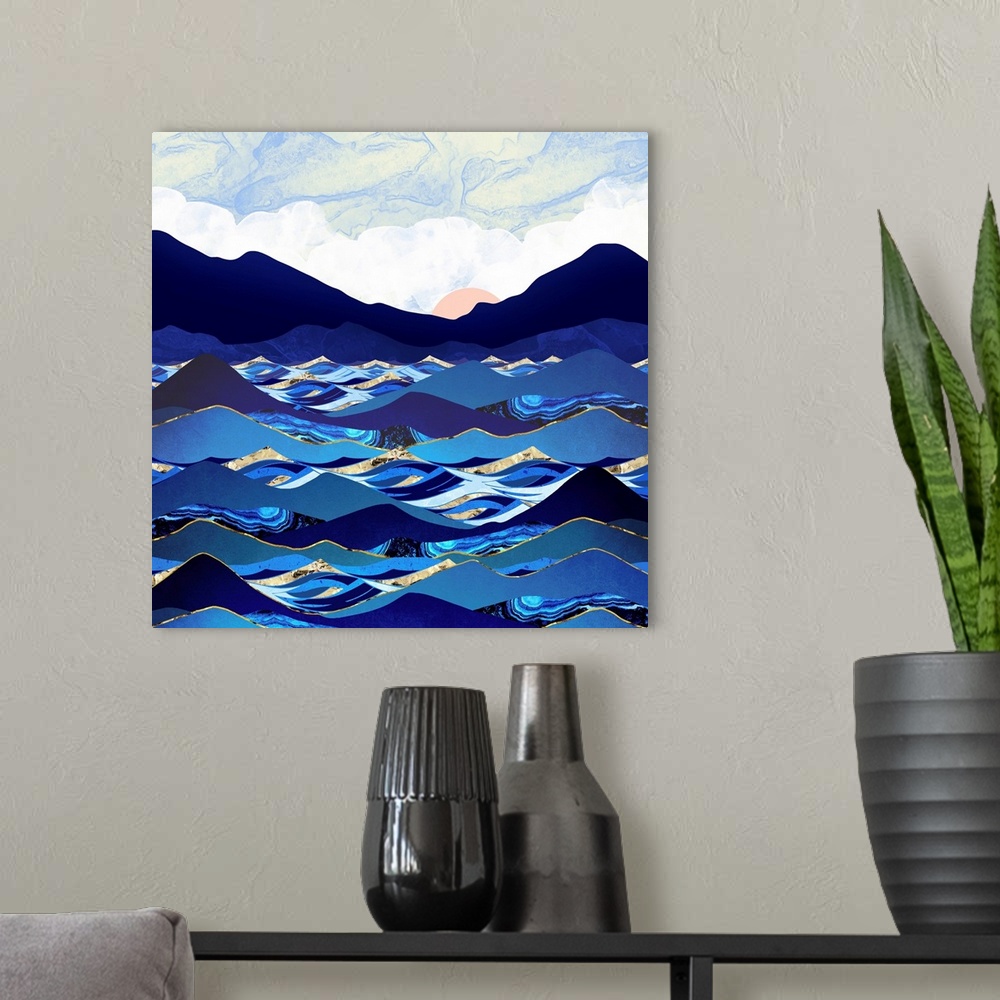 A modern room featuring Abstract depiction of the ocean with waves, cobalt, blue, gold and pink.