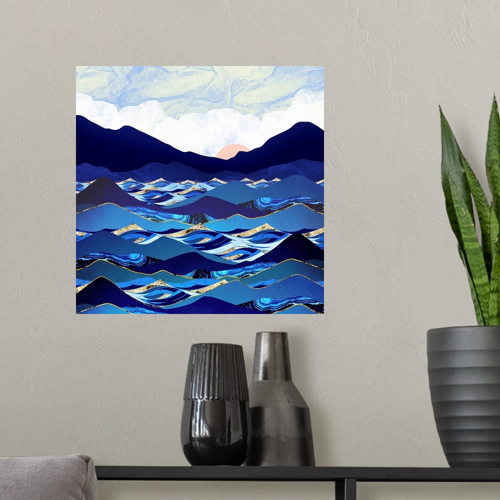 A modern room featuring Abstract depiction of the ocean with waves, cobalt, blue, gold and pink.