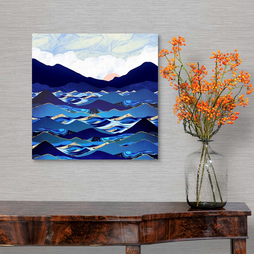 A traditional room featuring Abstract depiction of the ocean with waves, cobalt, blue, gold and pink.