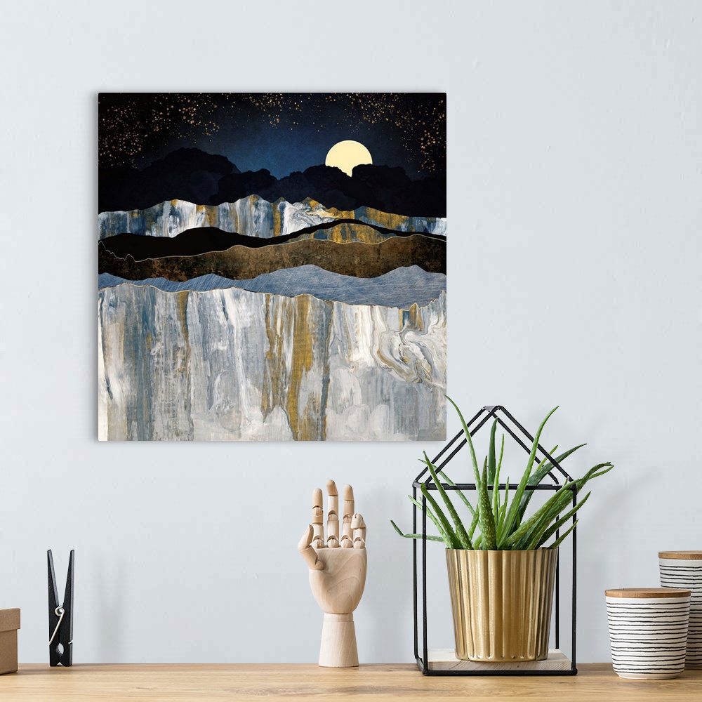 A bohemian room featuring Abstract depiction of mountains with stars, indigo, texture, yellow and grey.