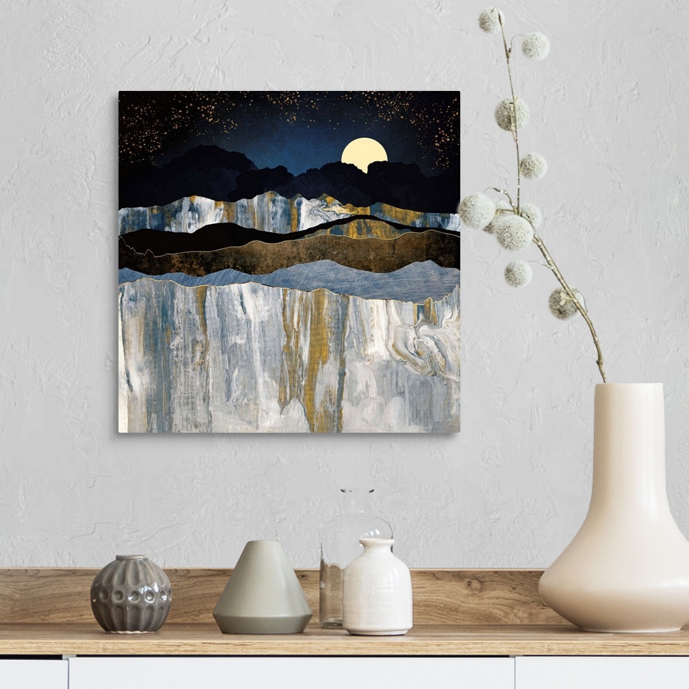 A farmhouse room featuring Abstract depiction of mountains with stars, indigo, texture, yellow and grey.