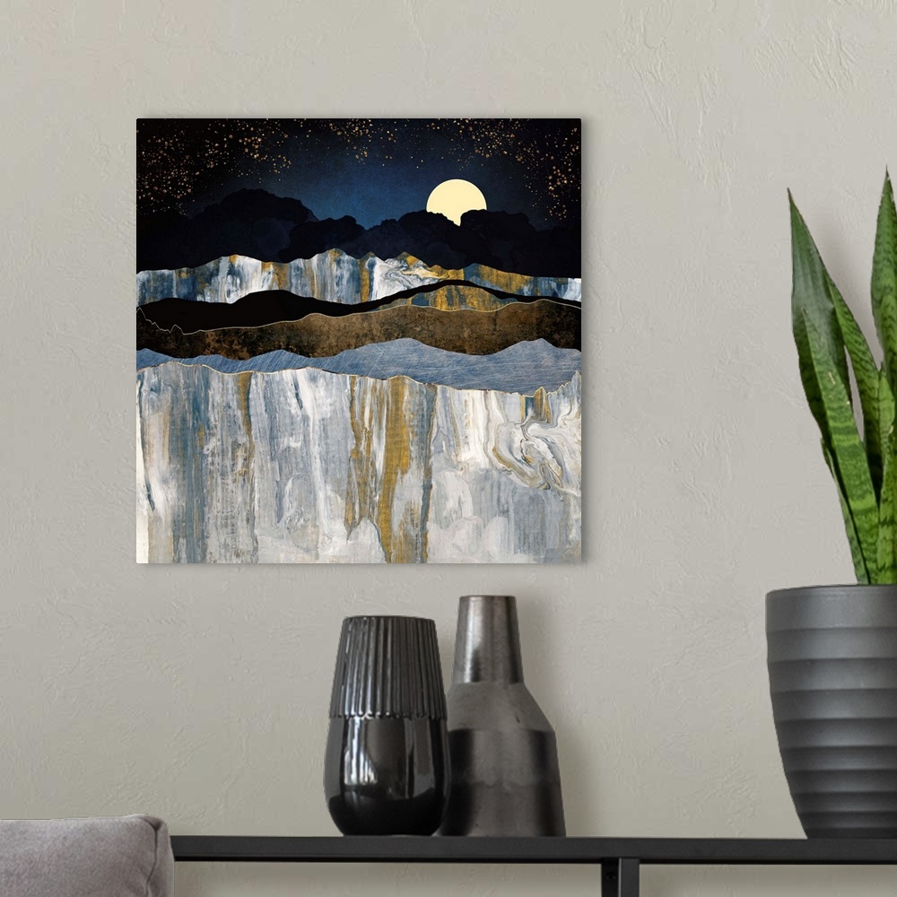 A modern room featuring Abstract depiction of mountains with stars, indigo, texture, yellow and grey.
