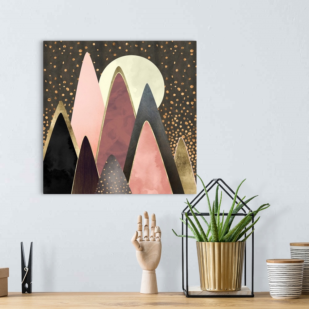 A bohemian room featuring Abstract depiction of pink and gold mountain peaks.