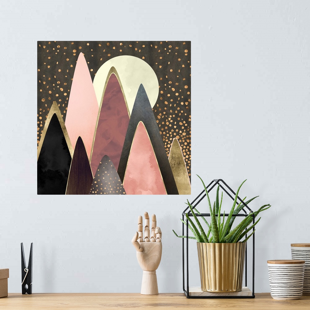 A bohemian room featuring Abstract depiction of pink and gold mountain peaks.