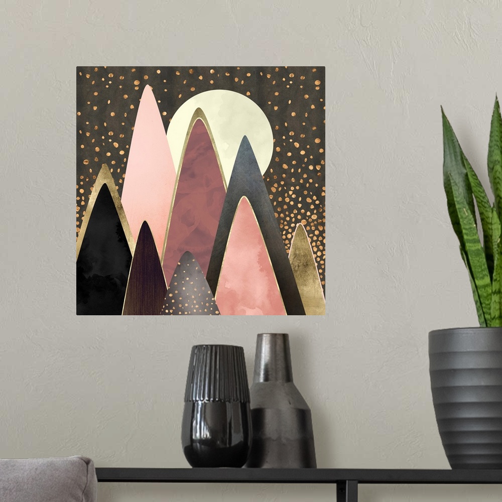 A modern room featuring Abstract depiction of pink and gold mountain peaks.
