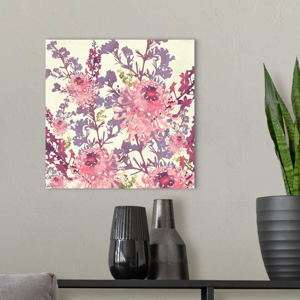 A modern room featuring Abstract depiction of pink flowers with mauve, maroon, lavender and yellow.