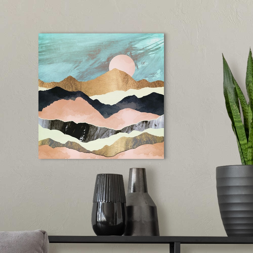 A modern room featuring Abstract depiction of pink mountains with gold, yellow, black and teal.