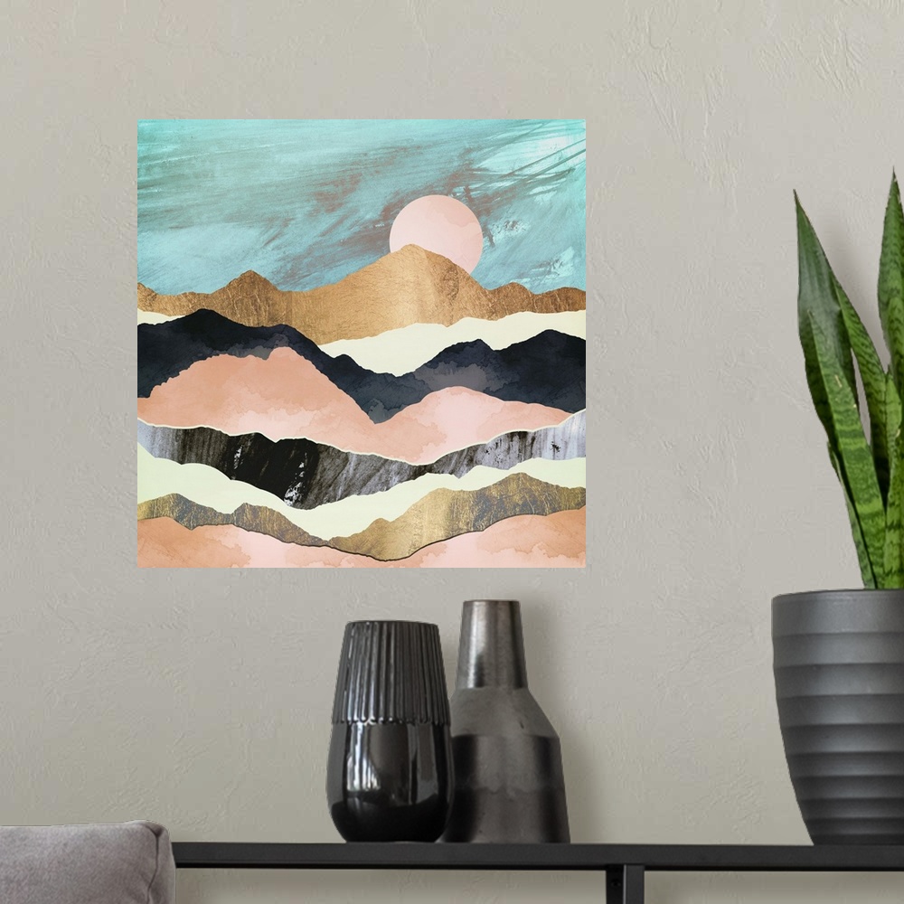 A modern room featuring Abstract depiction of pink mountains with gold, yellow, black and teal.