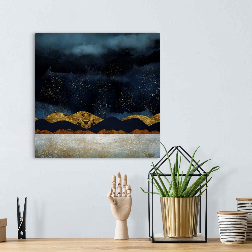A bohemian room featuring Abstract landscape with rain, mountains, gold, indigo, brown and texture.