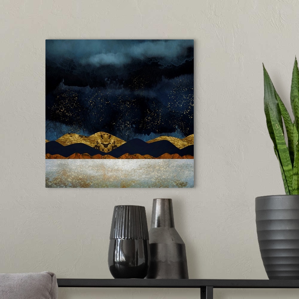 A modern room featuring Abstract landscape with rain, mountains, gold, indigo, brown and texture.
