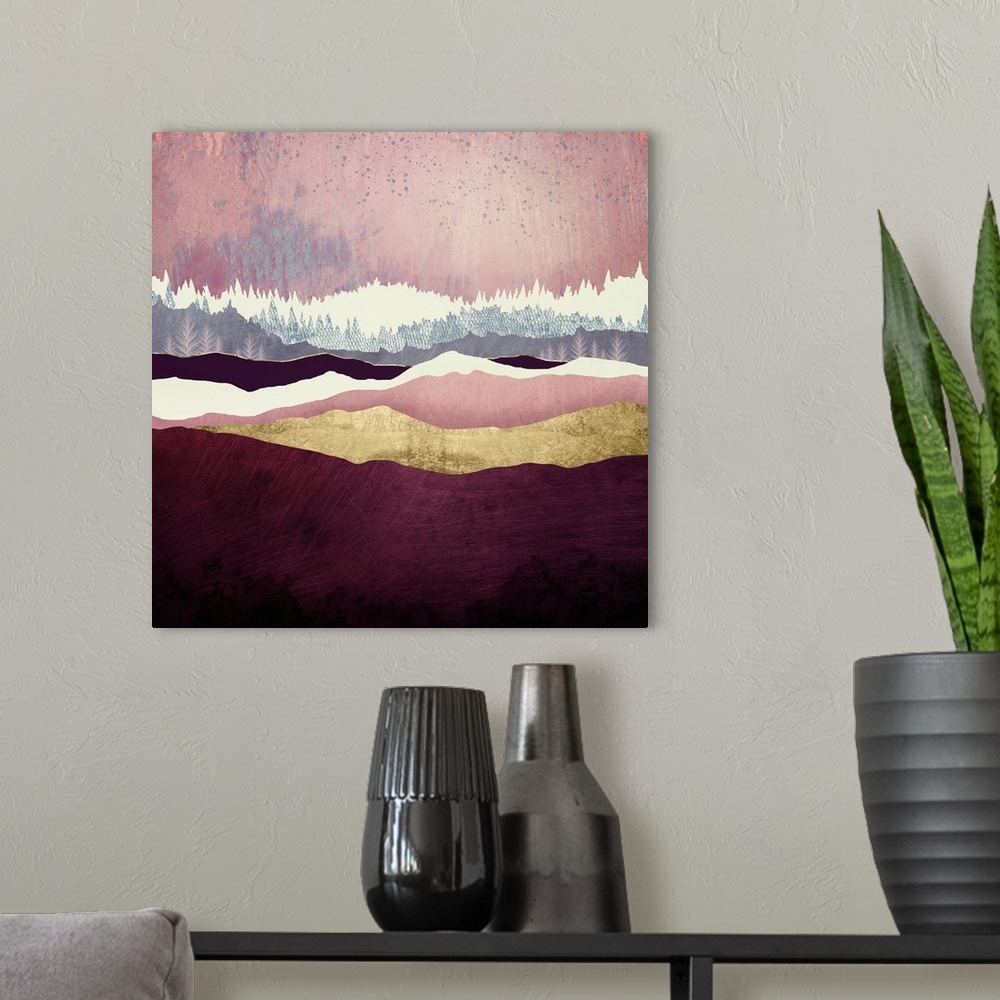 A modern room featuring Abstract depiction of a landscape with trees, mountains, mauve, pink and gold.