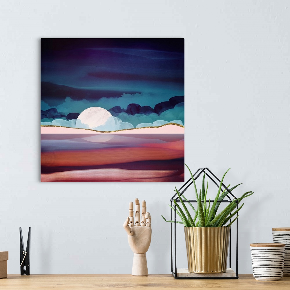A bohemian room featuring Abstract depiction of a red sea with clouds, pink, maroon, gold and blue.