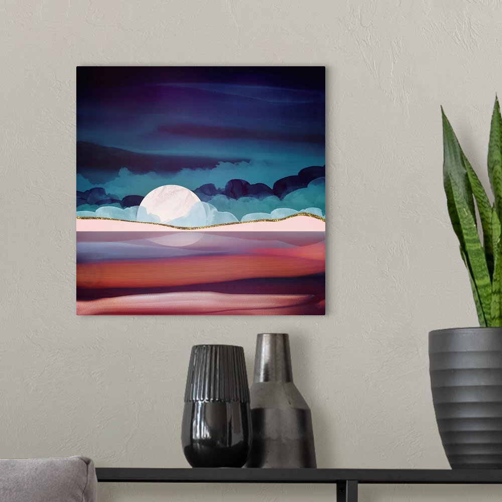 A modern room featuring Abstract depiction of a red sea with clouds, pink, maroon, gold and blue.